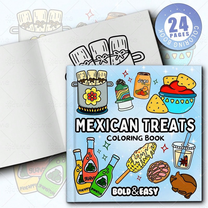 Food And Snacks Coloring Book Bold And Easy - สมุดระบายสีอาหารเม็กซิกันแสนสนุก 24 หน้า ศิลปะอาหารน่ารักสำหรับผู้ใหญ่ บรรเทาความเครียด ผ่อนคลาย