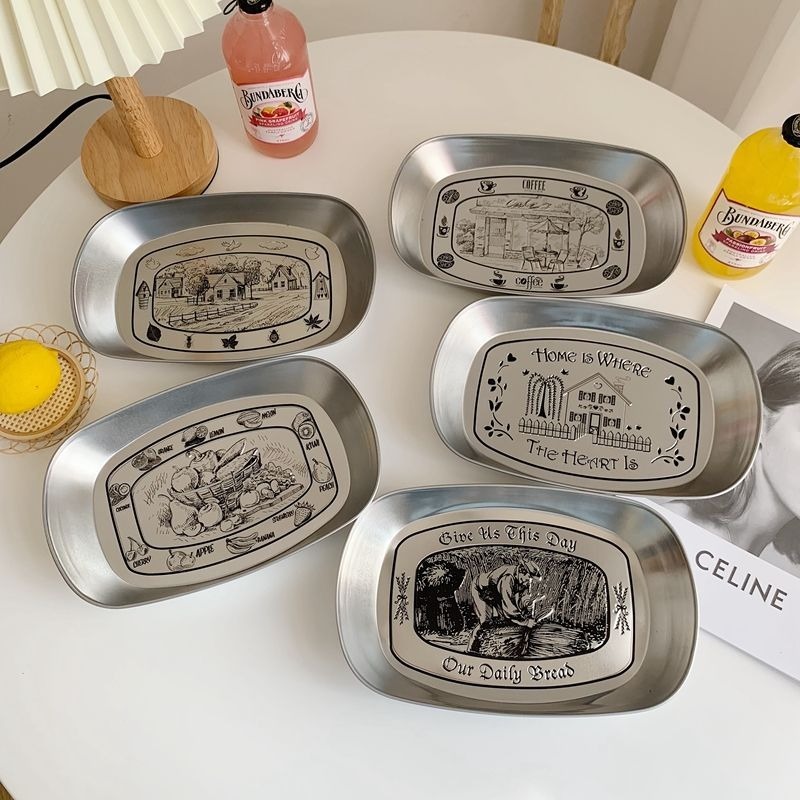 Food Snacks For Picnic - ถาดวินเทจ ถาดเหล็กวิลาดสไตล์อเมริกัน จานอาหารสเตนเลสสำหรับใช้ในบ้าน จานใส่ขนม ผลไม้ จานสำหรับวางอาหาร